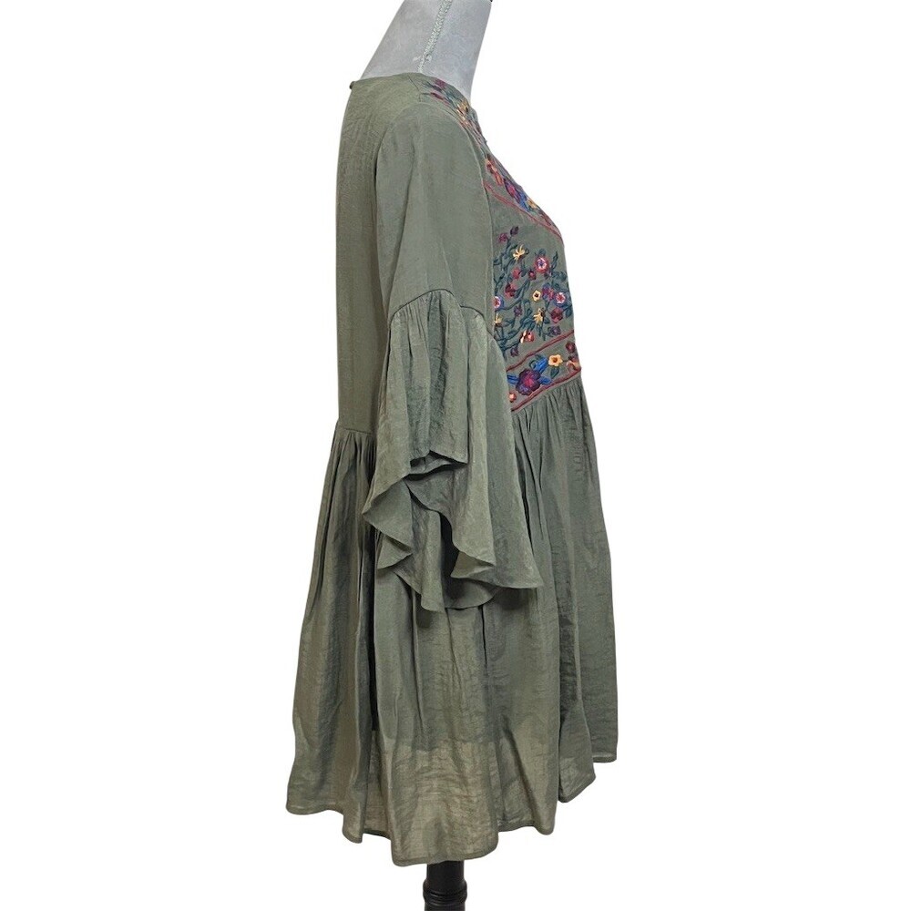 Altar'd State Dress Womens S Olive Green Boho Floral Embroidered Babydoll Tunic - Picture 6 of 11